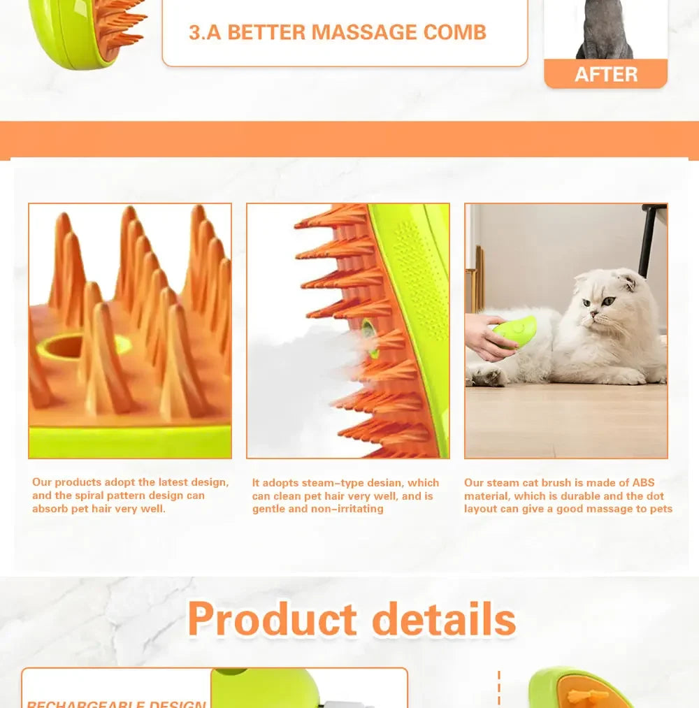 at and Dog 3-in-1 Steamy Massage Comb with Electric Sprayer. A Pet Grooming Tool for Shedding Prevention