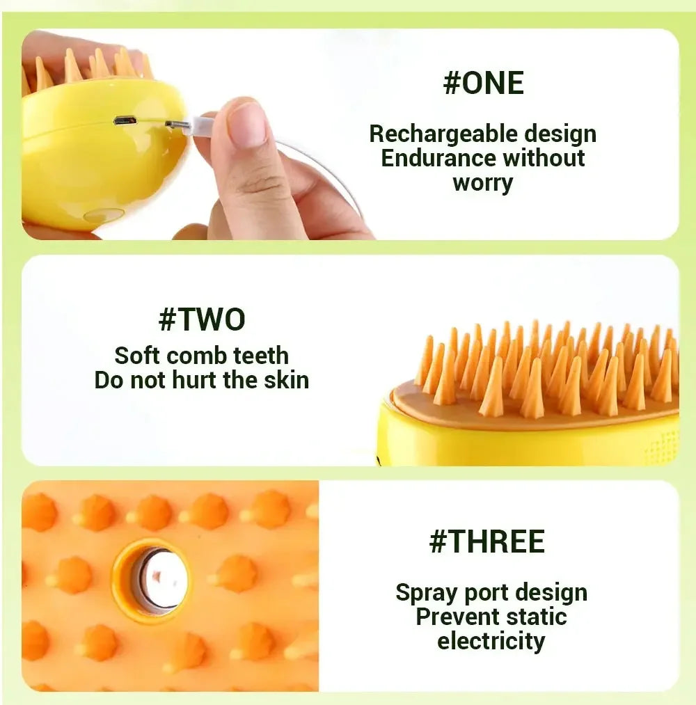 at and Dog 3-in-1 Steamy Massage Comb with Electric Sprayer. A Pet Grooming Tool for Shedding Prevention